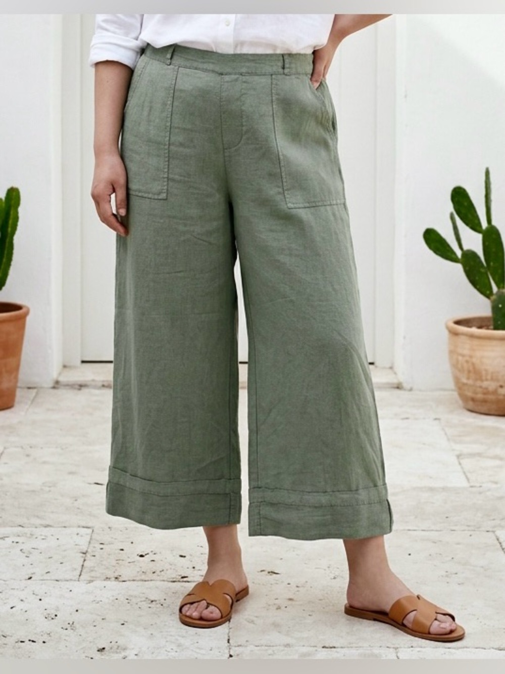 Calypso St. Barth Wide Leg Linen Blend Pants Large Cuff Sage Green Size XL EUC